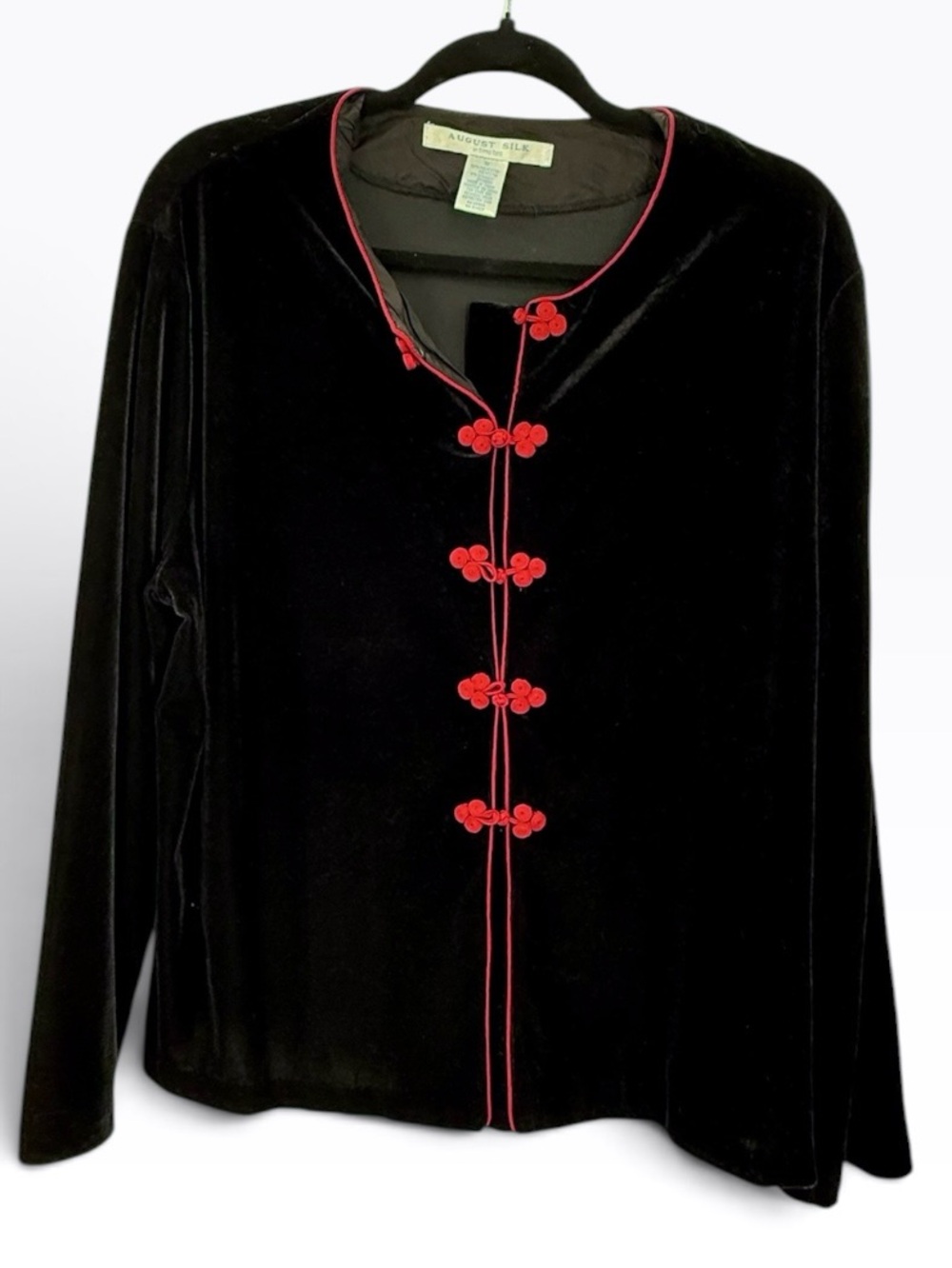 Vintage 90s August Silk Black Velvet Top M Red Oriental Frog Closure - Picture 5 of 8